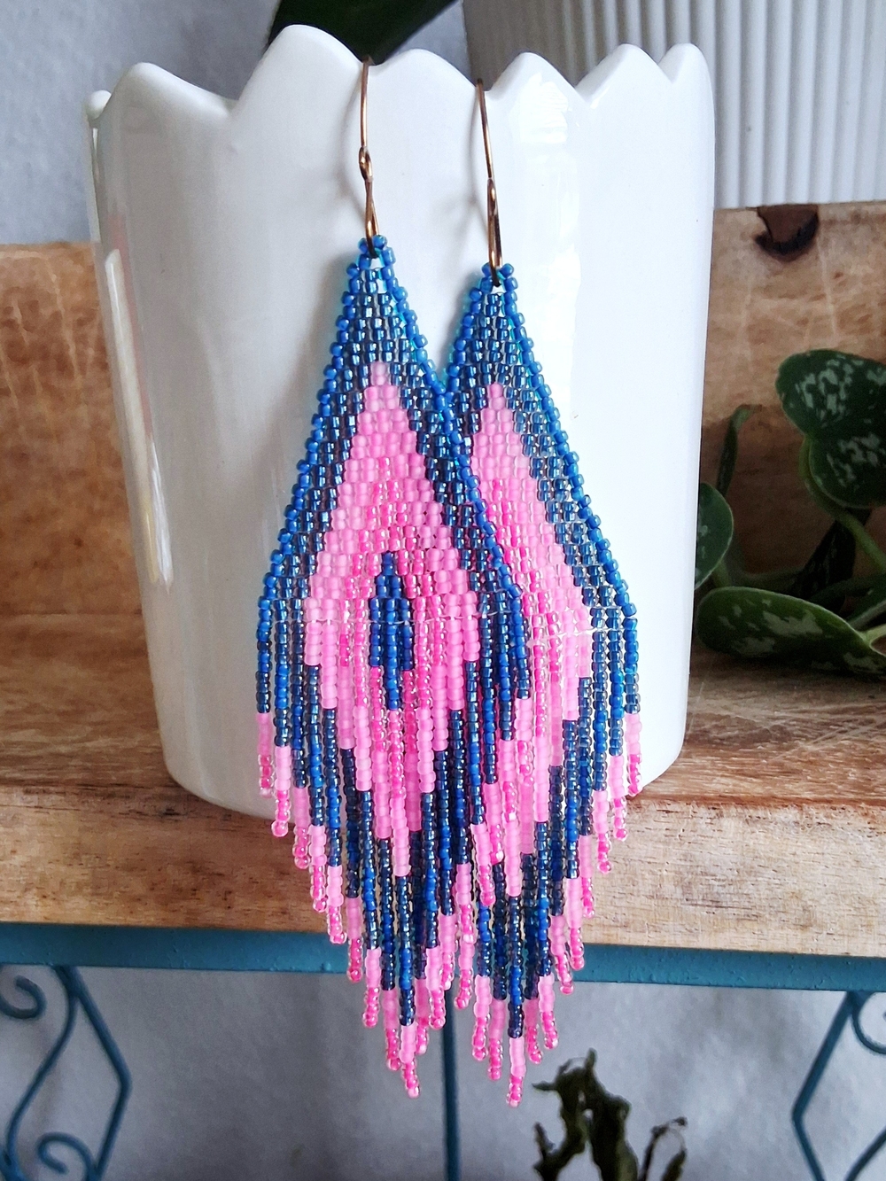 Blue and Pink Beaded Fringe Drop Earrings, 5.5"